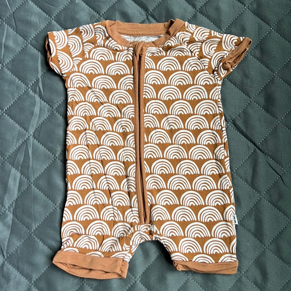 Little Sleepies Brown and White Rainbow Print Short Sleeve One-Piece